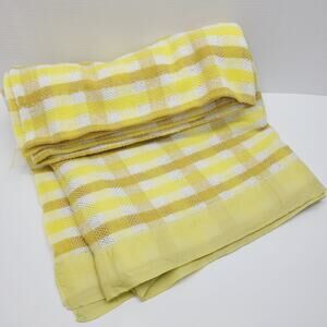 Vintage Twin Sized Plain Waffle Blanket With Satin Trim Yellow Mustard White